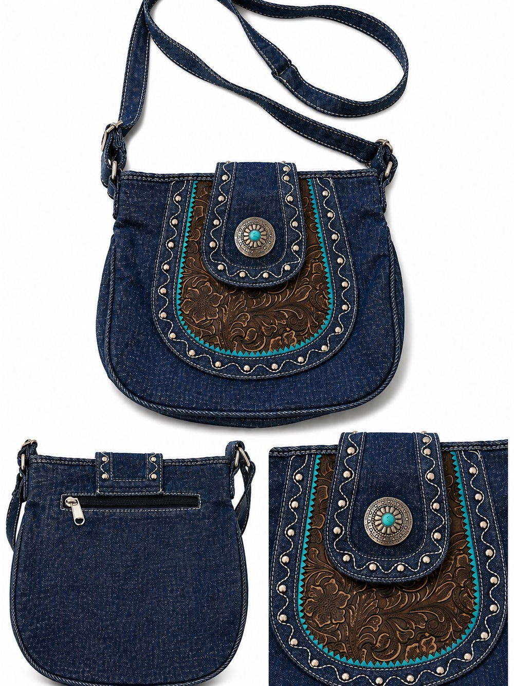 Canyon Sky Western Denim Crossbody Shoulder Bag Southwestern Turquoise Concho